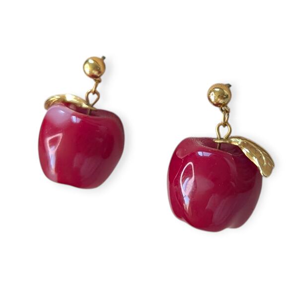 Vintage Avon Red Lucite Apple A Day Dangle Earrings Gold Tone - Picture 6 of 6